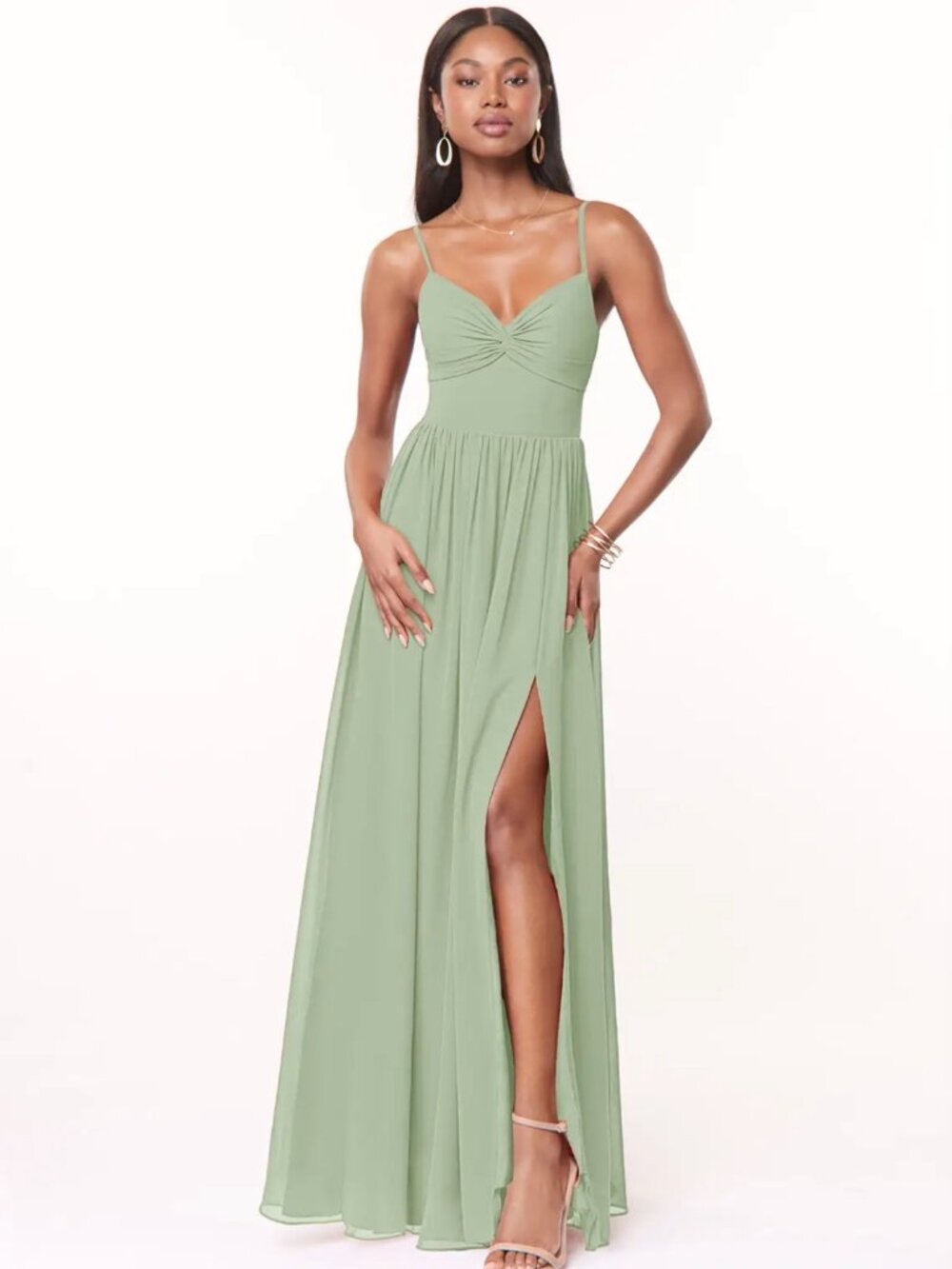 NWT Azazie "Zeya" Dusty Sage A-Line Pleated Chiffon Prom Gown, Size A